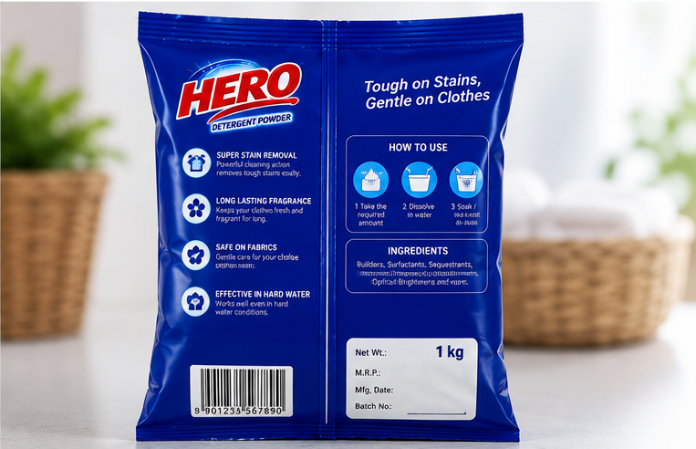 Back of HERO 2X detergent pack showing usage instructions, ingredients, and stain removal guidelines